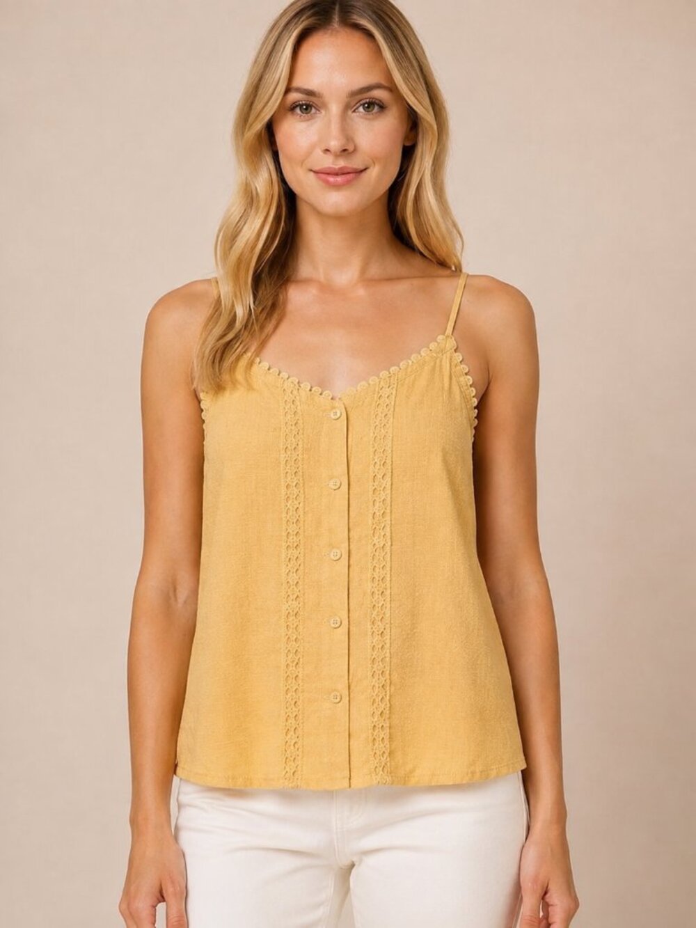 Mine Romantic Yellow Spaghetti Strap Top Buttons Lace Size Small 100% Cotton